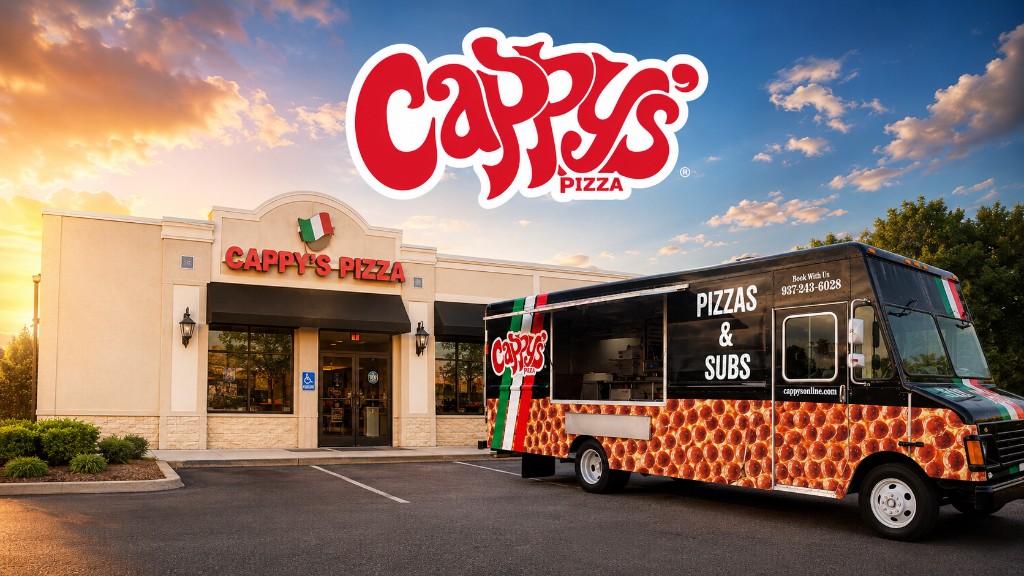 Cappy's Pizza storefront with the food truck out front — London, Ohio